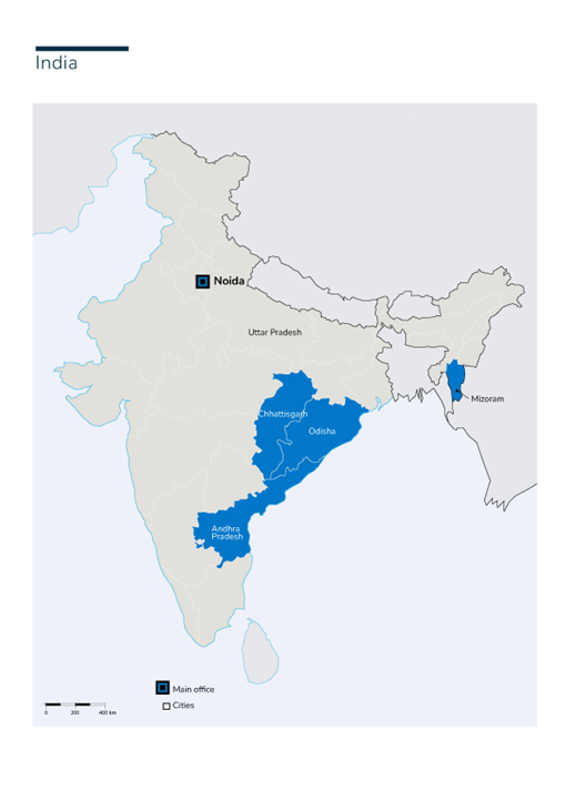 Kaart van interventies van Handicap International in India