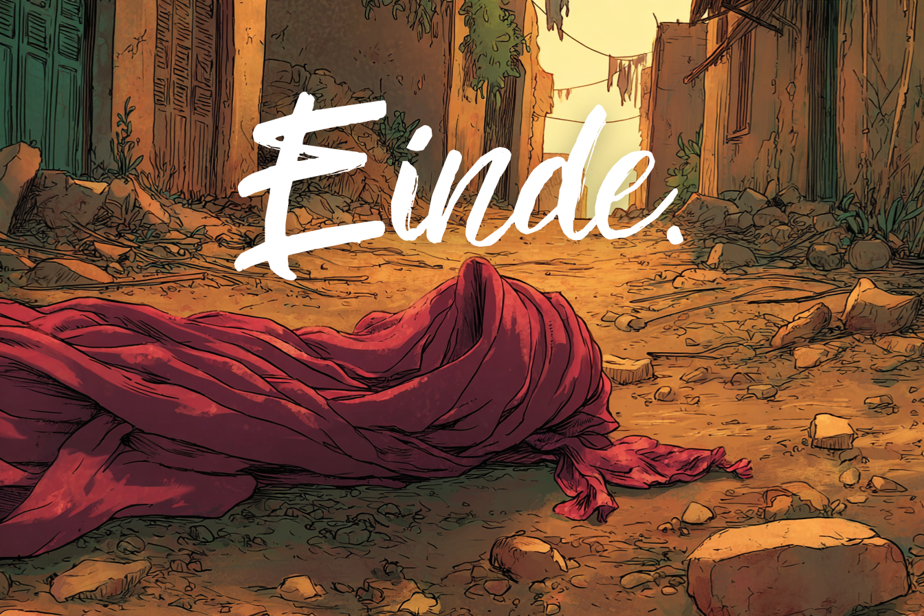 Aïda's sjaal ligt op de grond. Het woord „Einde“ staat er in handgeschreven letters op.