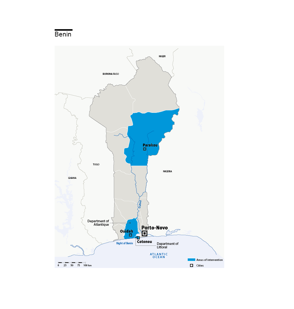 Kaart van HI-interventies in Benin