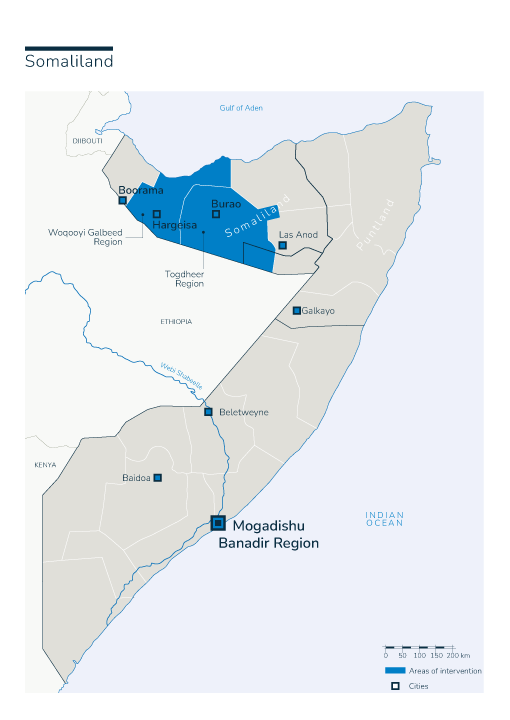 Kaart van HI-interventies in Somalië