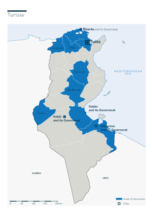 Kaart van HI-acties in Tunesië