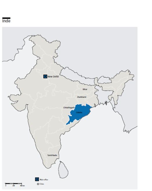 Kaart van interventies van Handicap International in India