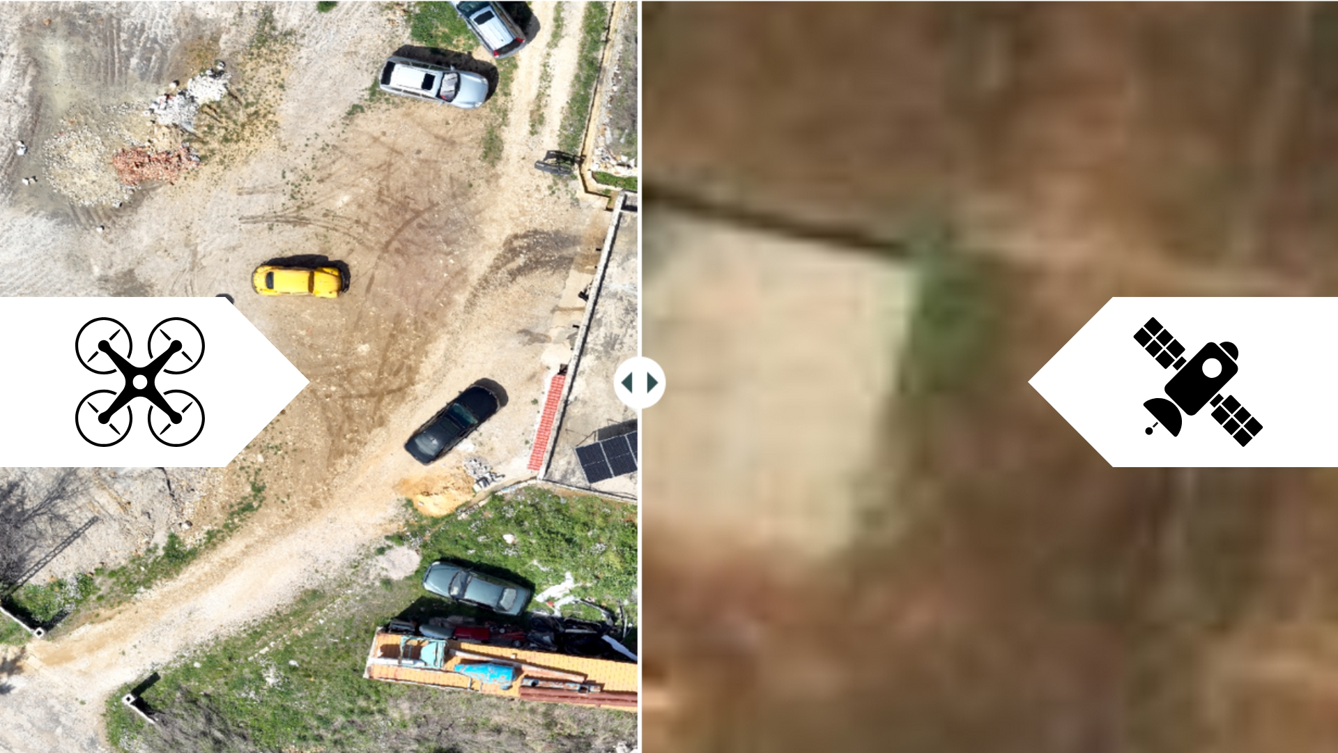 Beeld genomen door een drone vergeleken met een minder nauwkeurig satellietbeeld