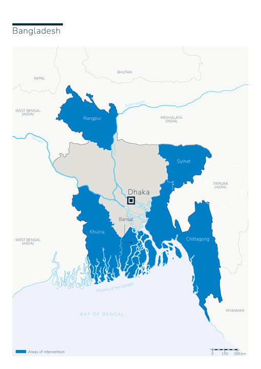 Carte du Bangladesh avec la présence de Handicap International
