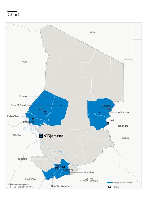 Carte des interventions de Handicap International au Tchad