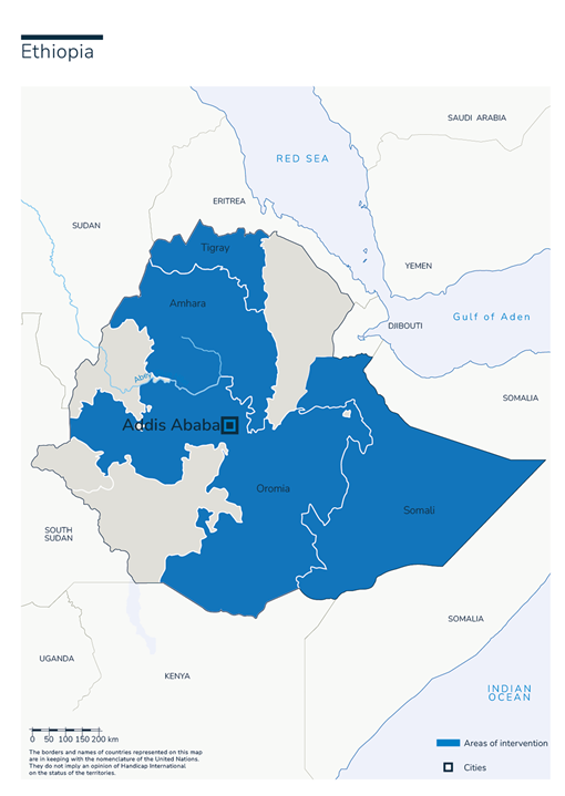 Carte des interventions de Handicap International en Ethiopia