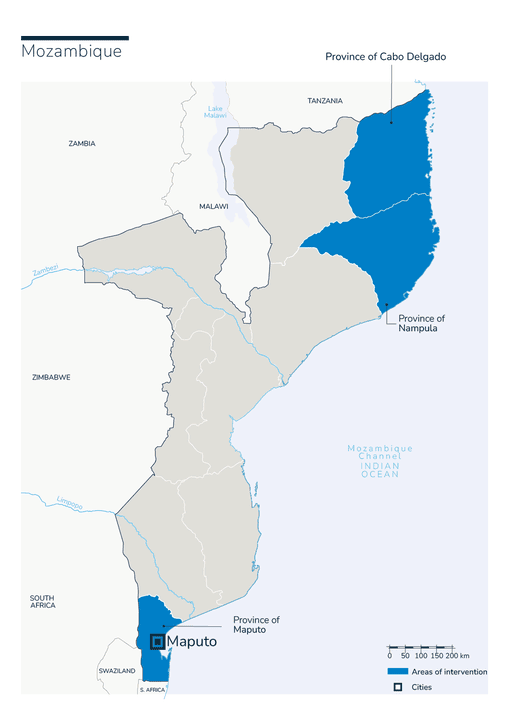 Carte des interventions de Handicap International au Mozambique