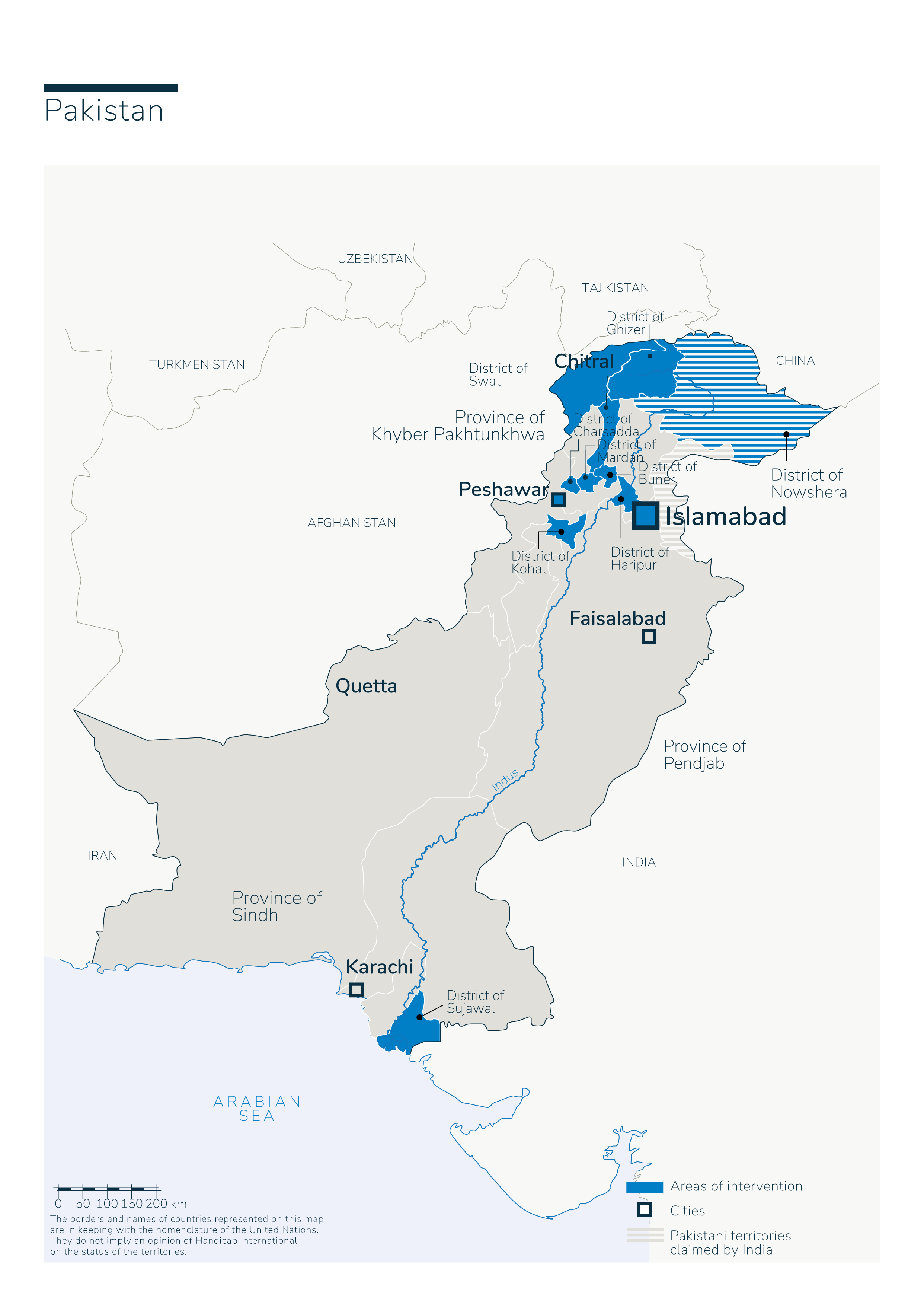 Carte des interventions de Handicap International au Pakistan
