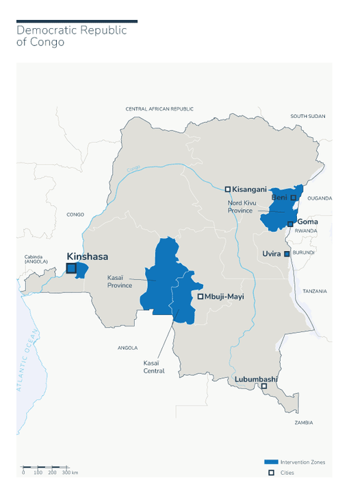 Carte des interventions de Handicap International en RDC