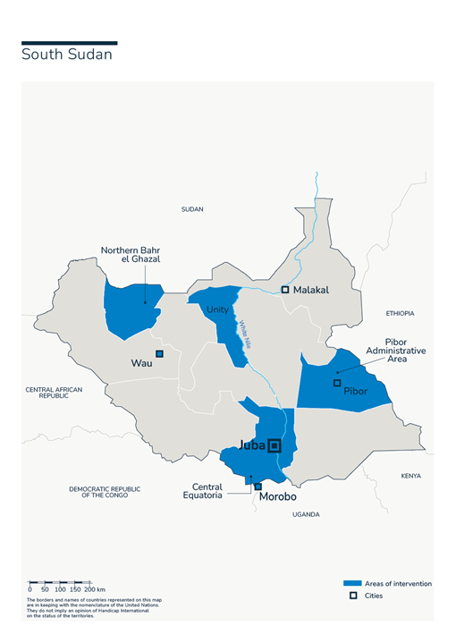 Carte Sud Soudan: présence de Handicap International dans le pays