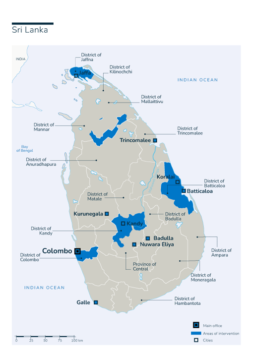 Carte des interventions de Handicap International au Sri Lanka
