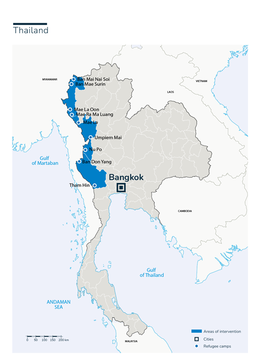 Carte des interventions de Handicap International en Thaïlande