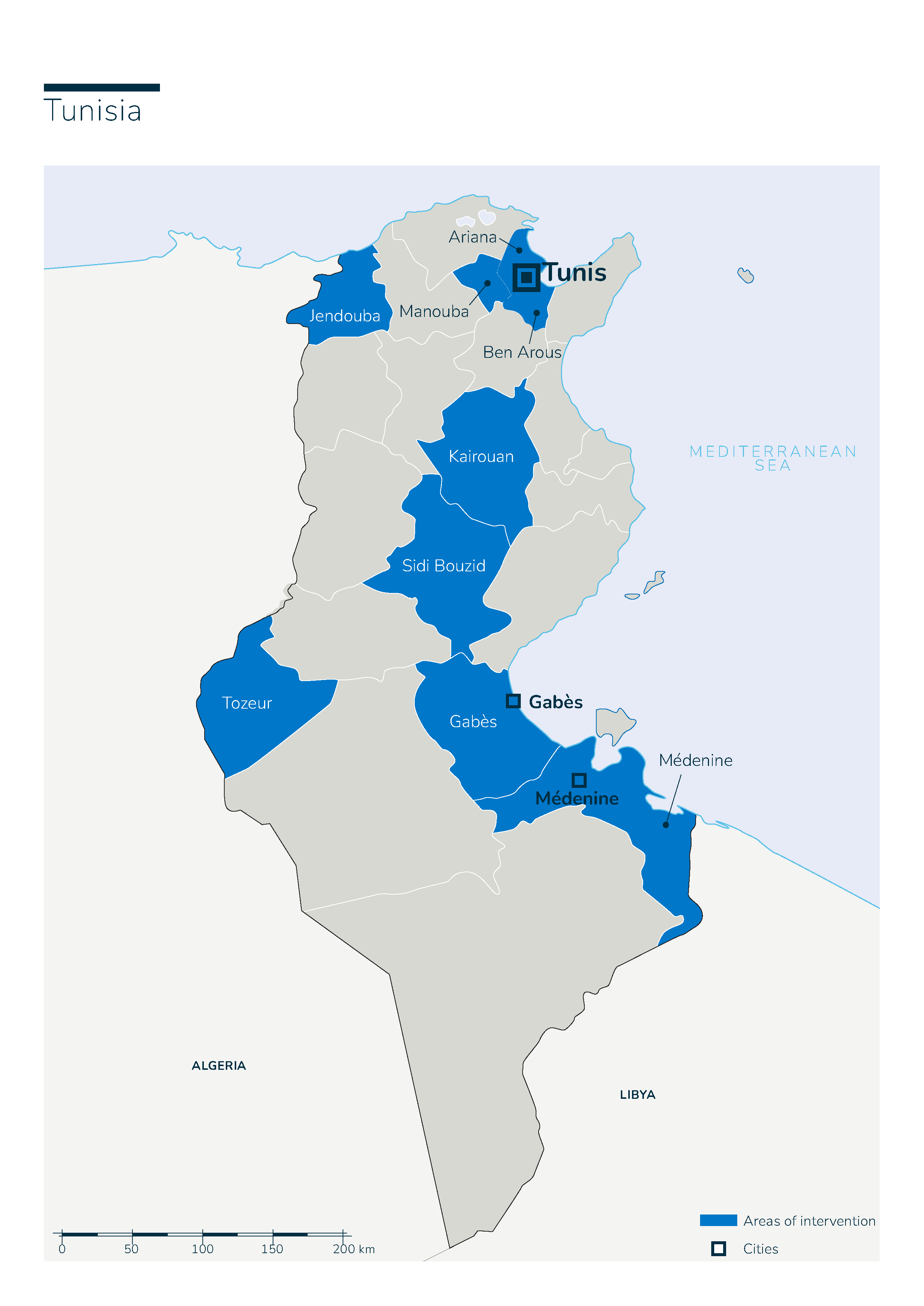 Carte des interventions de Handicap International en Tunisie