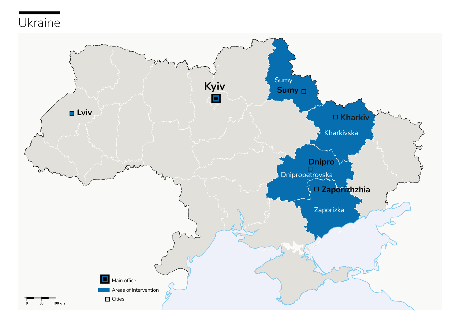 Carte des interventions de Handicap International en Ukraine