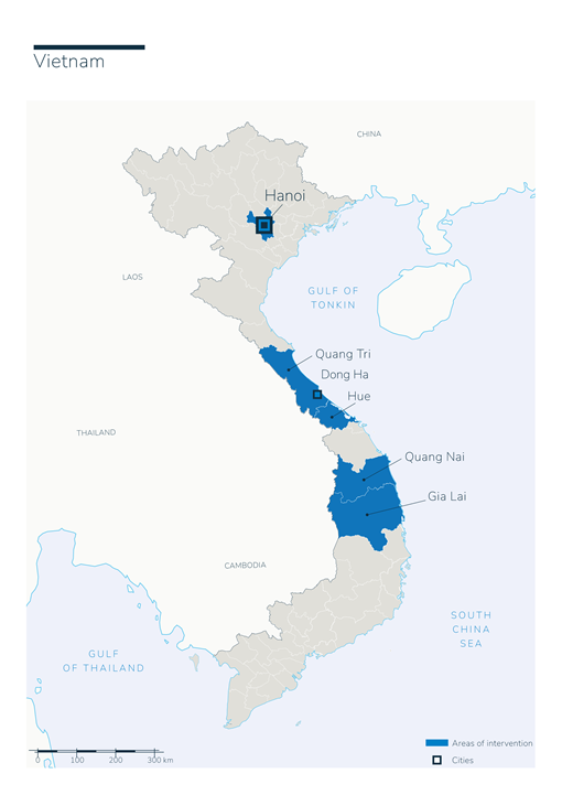 Carte des interventions de Handicap International au Vietnam