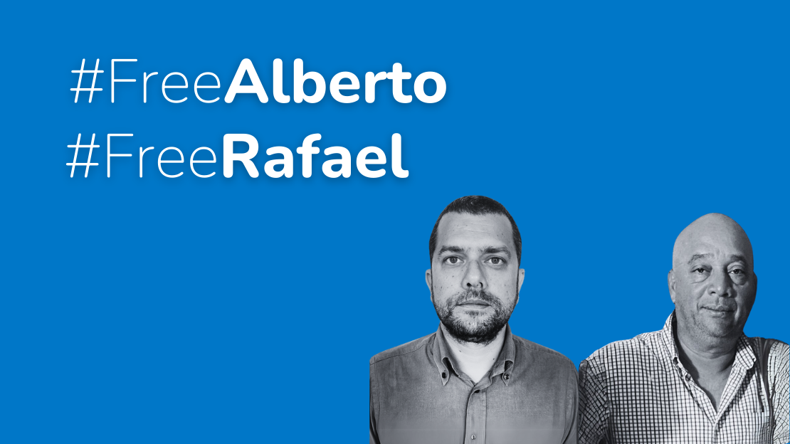 Portretten van Alberto en Rafael op een blauwe achtergrond, vergezeld van de hashtags #FreeAlberto en #FreeRafael.