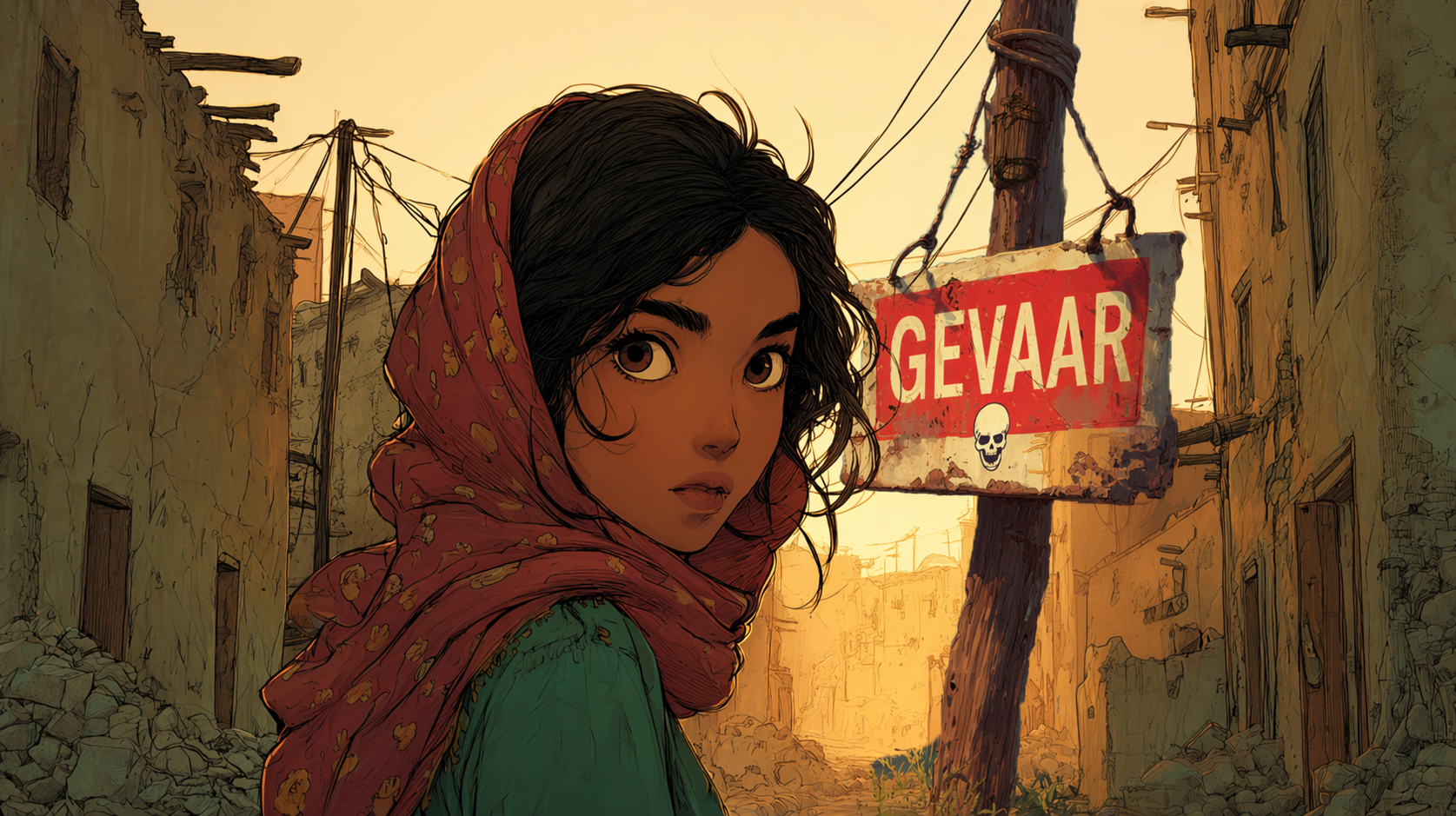 Aïda is 14 jaar oud. Haar haar zit onder een hoofddoek en ze draagt een traditionele tuniek. Haar sluier past bij de roze bloemen op haar groene tuniek. Voor Aïda staat een rood bord met de tekst “GEVAAR” in witte letters. Ze staart besluiteloos naar het 