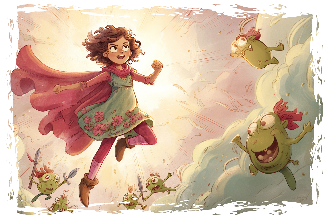 Image des pensées d'Aïda, qui s'imagine en super-héroïne, entourée d'une armée de petits bonhommes verts à son service.