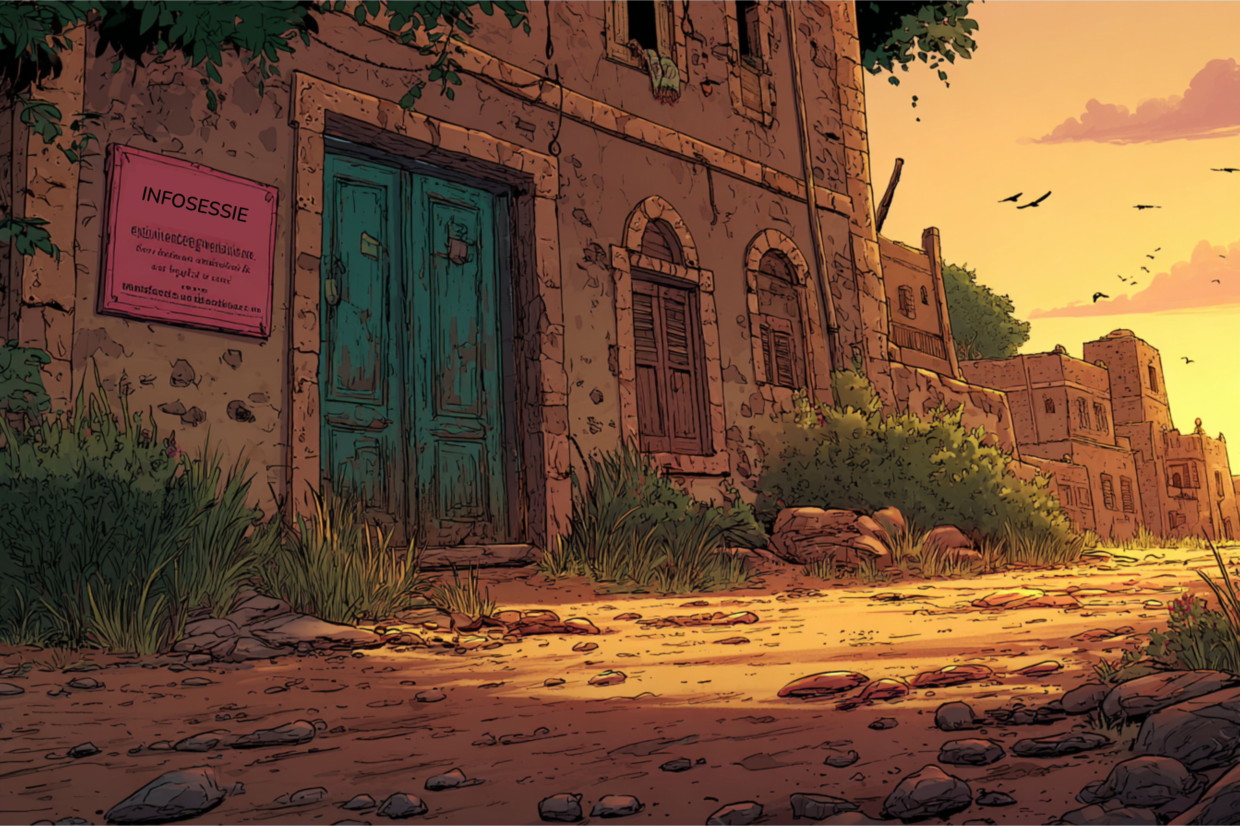 Een straat in een klein stadje in het Midden-Oosten, met in het midden een groot huis met een blauwe deur en een bordje met de tekst „Sensibilisering sessies