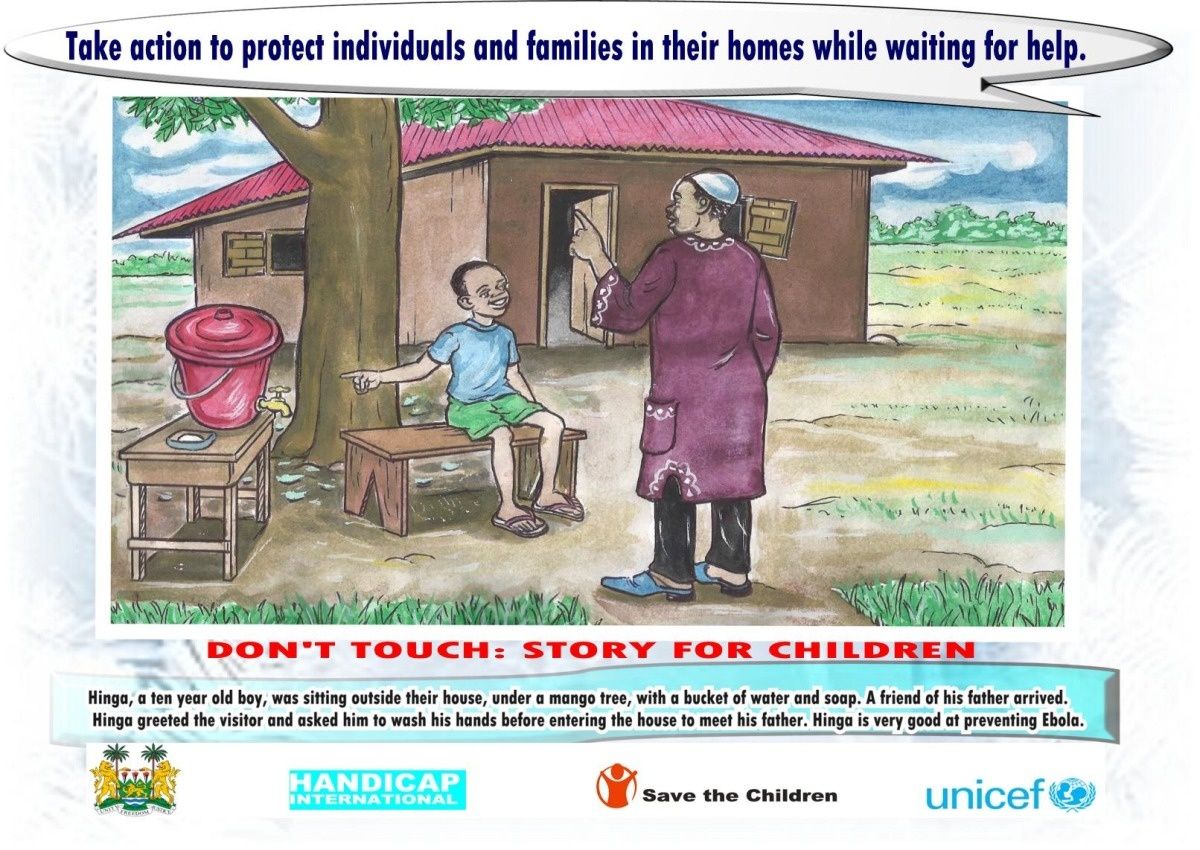 le dessin montre un enfant demandant à un visiteur de se laver les mains avant d'entrer dans la maison