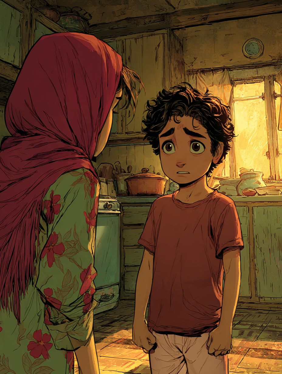 Samir, le petit frère d'Aïda, la regarde d'un air triste et d'incompréhension à la fois.